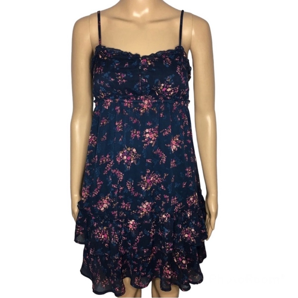 EUC Blue & Pink Floral Sweetheart Neck Strappy Sleeve Ruffled Babydoll Dress